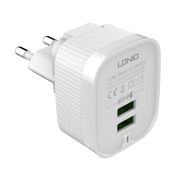 LDNIO A201 2.4A Doble cabezal de carga USB Cargador adaptador de teléfono móvil de carga directa de viaje con cable de datos micro USB