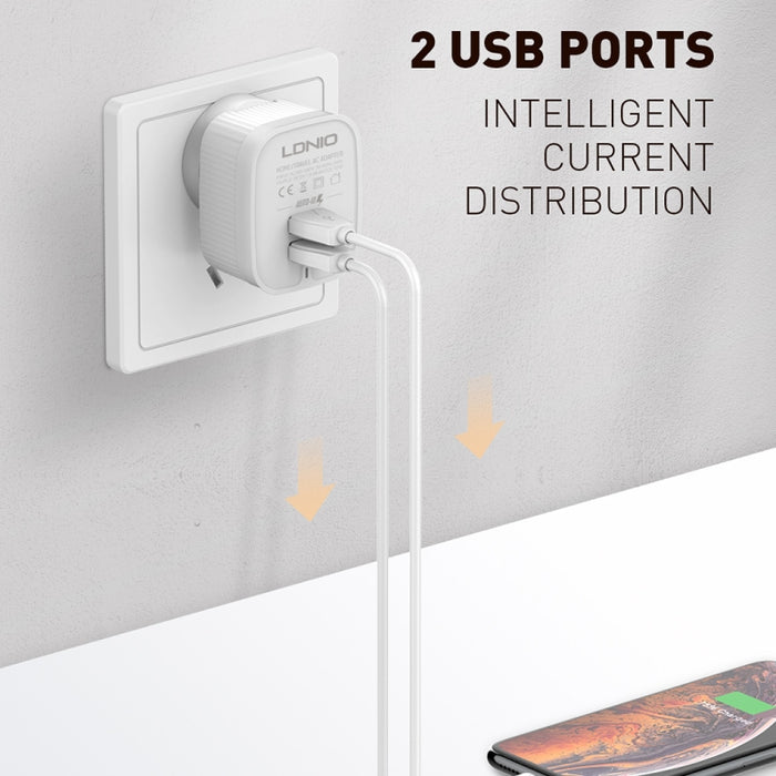 LDNIO A201 2.4A Doble cabezal de carga USB Cargador adaptador de teléfono móvil de carga directa de viaje con cable de datos micro USB