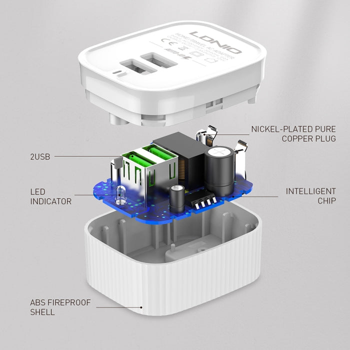 LDNIO A201 2.4A Doble cabezal de carga USB Cargador adaptador de teléfono móvil de carga directa de viaje con cable de datos micro USB