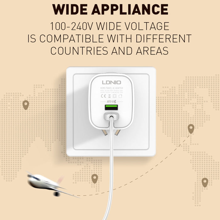 LDNIO A201 2.4A Doble cabezal de carga USB Cargador adaptador de teléfono móvil de carga directa de viaje con cable de datos micro USB