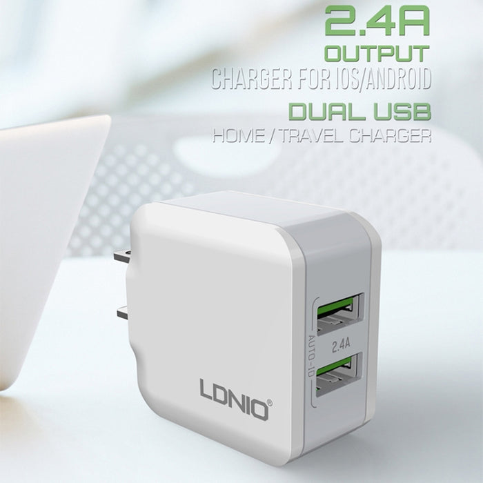 LDNIO A2201 2.4A Cargador de adaptador de teléfono móvil de carga directa de viaje con cabezal de carga USB dual con cable de datos de 8 pines