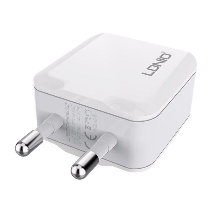 LDNIO A2201 2.4A Doble cabezal de carga USB Cargador adaptador de teléfono móvil de carga directa de viaje con cable de datos tipo C