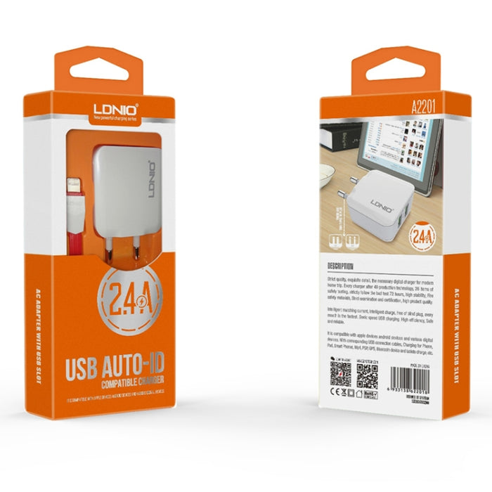 LDNIO A2201 2.4A Doble cabezal de carga USB Cargador adaptador de teléfono móvil de carga directa de viaje con cable de datos tipo C