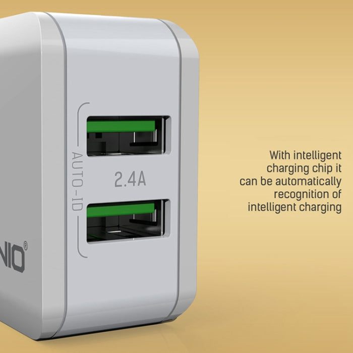 LDNIO A2201 2.4A Doble cabezal de carga USB Cargador adaptador de teléfono móvil de carga directa de viaje con cable de datos tipo C