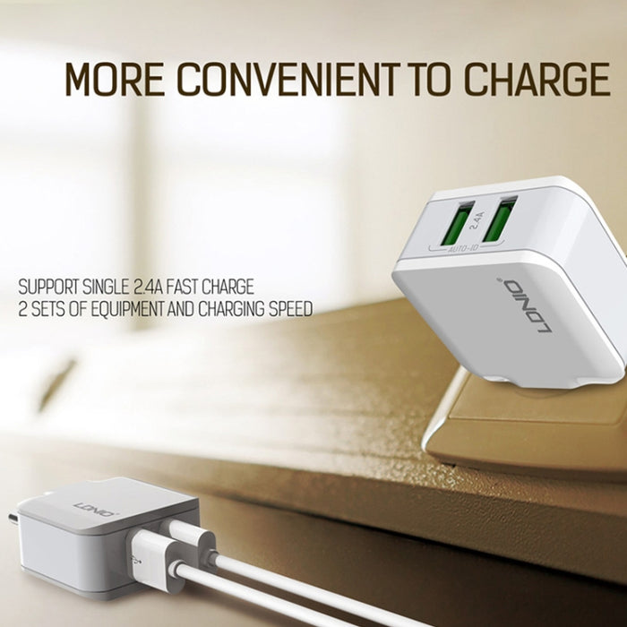LDNIO A2201 2.4A Doble cabezal de carga USB Cargador adaptador de teléfono móvil de carga directa de viaje con cable de datos tipo C