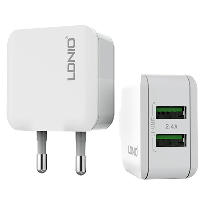 LDNIO A2201 2.4A Doble cabezal de carga USB Cargador adaptador de teléfono móvil de carga directa de viaje con cable de datos tipo C