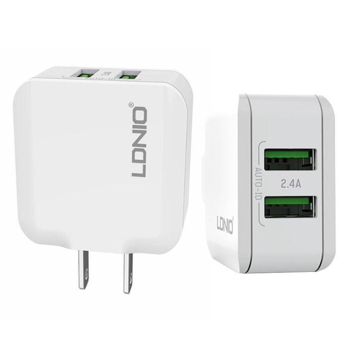 LDNIO A2201 2.4A Doble cabezal de carga USB Cargador adaptador de teléfono móvil de carga directa de viaje con cable de datos tipo C