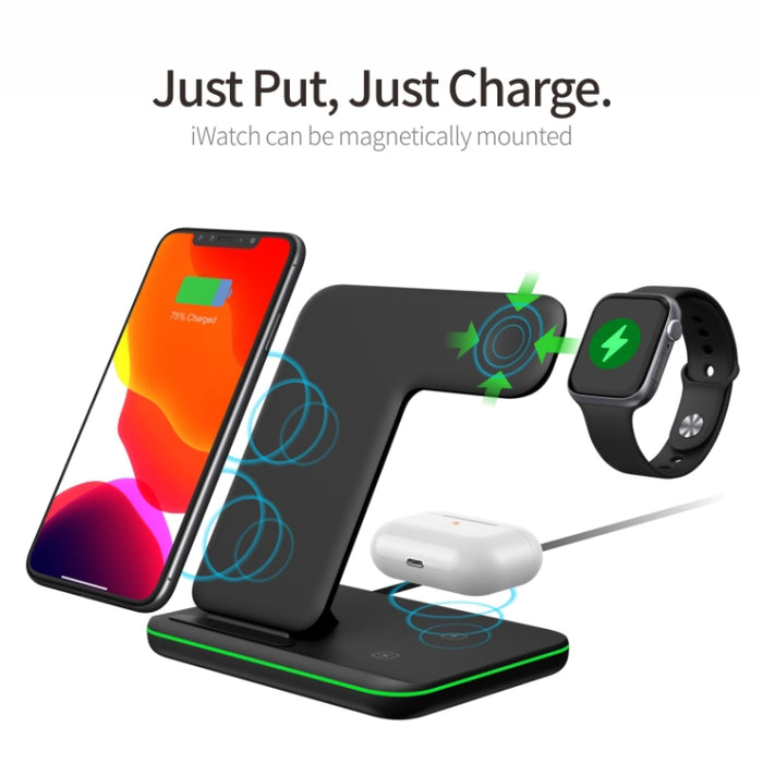 Cargador inalámbrico magnético vertical Z5A QI para teléfonos móviles, relojes Apple y AirPods / Samsung Galaxy Buds / Huawei Free Buds, con anillo de luz táctil
