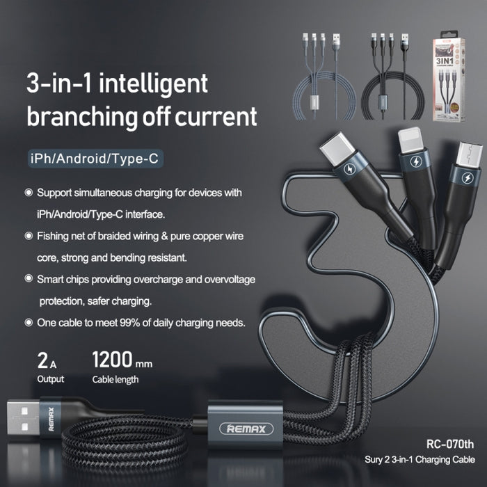 REMAX RC-070TH 1,2 m 2A 3 en 1 USB a 8 pines y cable de carga USB-C / Type-C y Micro USB