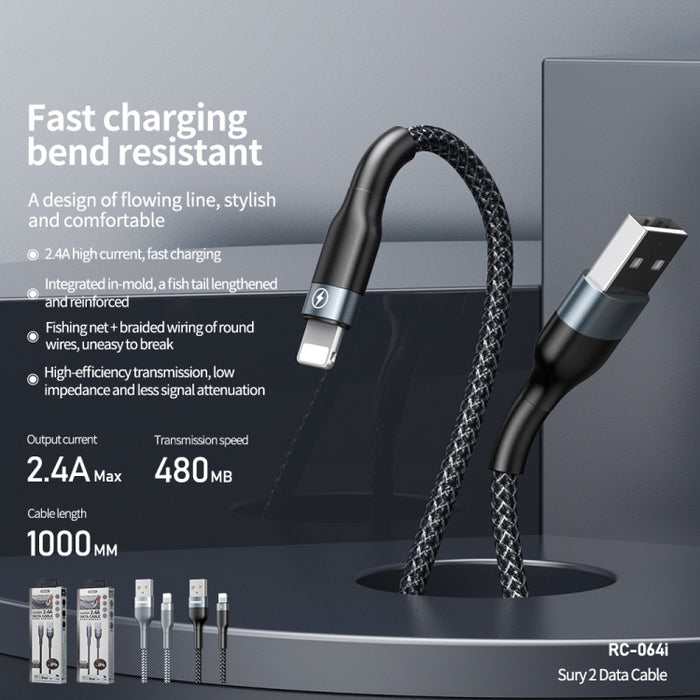 REMAX RC-064i Sury 2 Series 1m 2.4A Cable de datos USB a 8 pines para iPhone, iPad