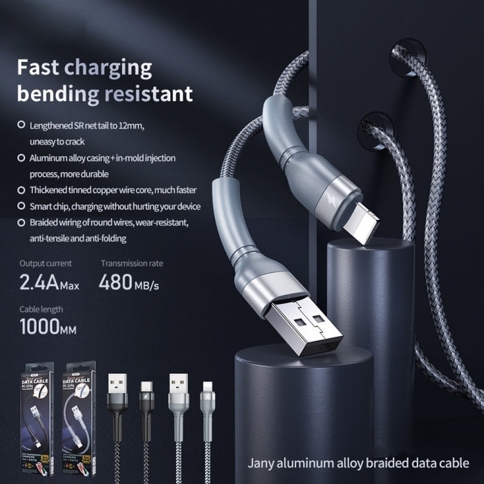 REMAX RC-124i 1m 2.4A USB a cable de datos de carga rápida trenzado de aleación de aluminio de 8 pines para iPhone, iPad