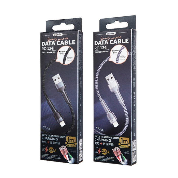 REMAX RC-124i 1m 2.4A USB a cable de datos de carga rápida trenzado de aleación de aluminio de 8 pines para iPhone, iPad