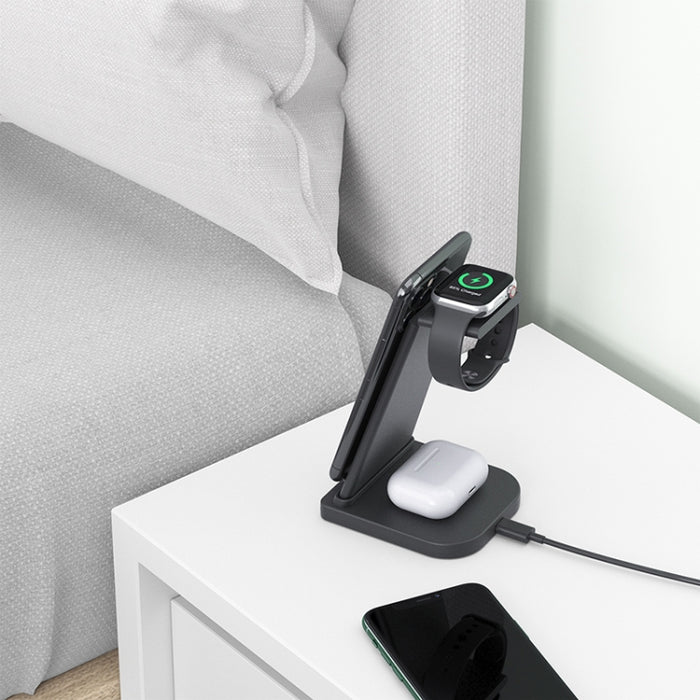 HQ-UD21 Reloj plegable 3 en 1 para teléfono móvil, soporte de carga multifunción, cargador inalámbrico para iPhone, Apple Watch y Airpods