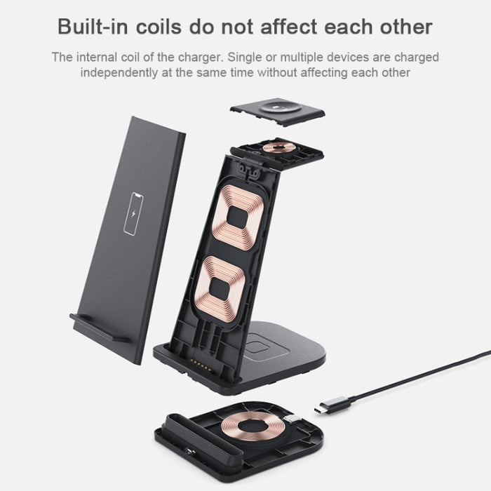 HQ-UD21 Reloj plegable 3 en 1 para teléfono móvil, soporte de carga multifunción, cargador inalámbrico para iPhone, Apple Watch y Airpods