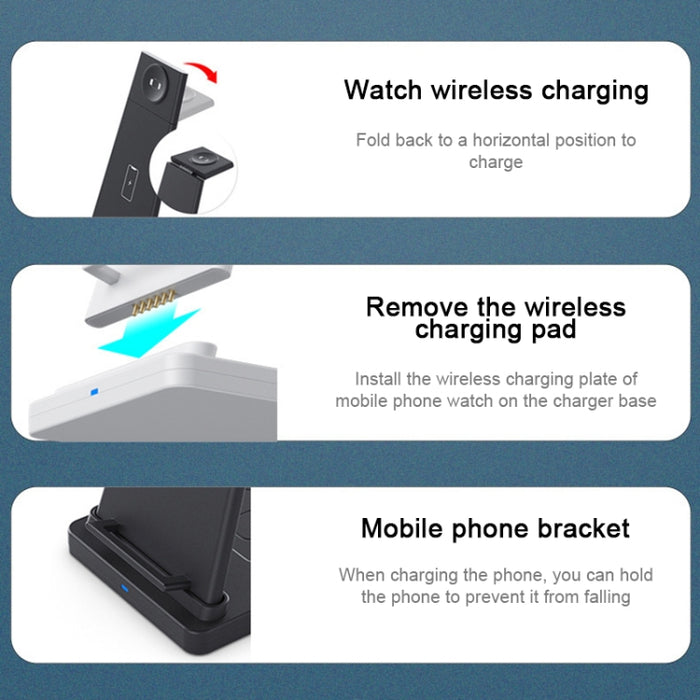 HQ-UD21 Reloj plegable 3 en 1 para teléfono móvil, soporte de carga multifunción, cargador inalámbrico para iPhone, Apple Watch y Airpods