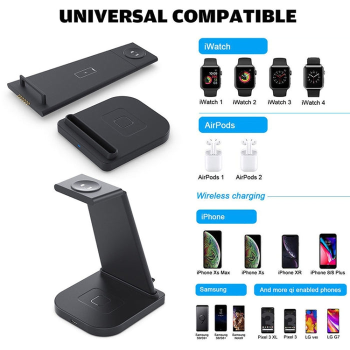HQ-UD21 Reloj plegable 3 en 1 para teléfono móvil, soporte de carga multifunción, cargador inalámbrico para iPhone, Apple Watch y Airpods