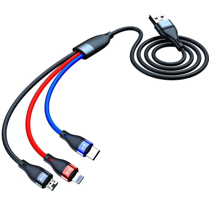 Cable de datos de carga rápida de 40W 5A USB a Micro USB + USB-C / Type-C + 8 pines, Longitud del cable: 1,2 m