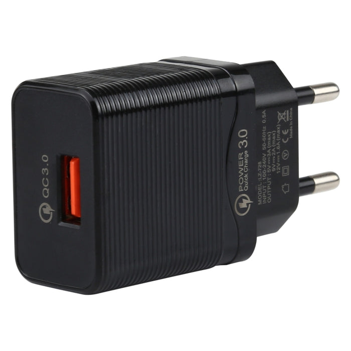 LZ-728 2 en 1 Cargador de viaje con interfaz USB QC 3.0 de 18 W + juego de cables de datos USB a 8 pines, enchufe de la UE, longitud del cable: 1 m