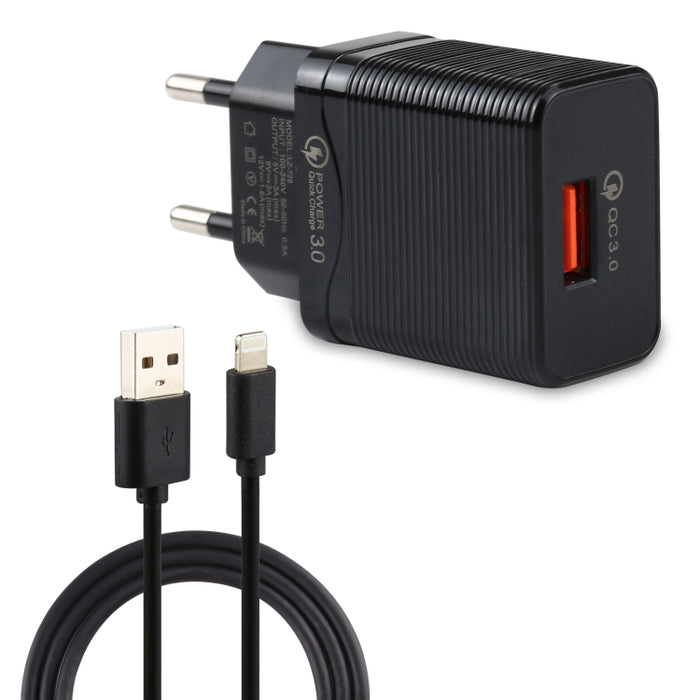 LZ-728 2 en 1 Cargador de viaje con interfaz USB QC 3.0 de 18 W + juego de cables de datos USB a 8 pines, enchufe de la UE, longitud del cable: 1 m
