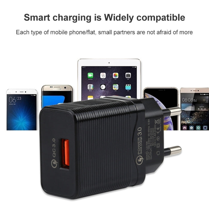 LZ-728 2 en 1 Cargador de viaje con interfaz USB QC 3.0 de 18 W + juego de cables de datos USB a 8 pines, enchufe de la UE, longitud del cable: 1 m