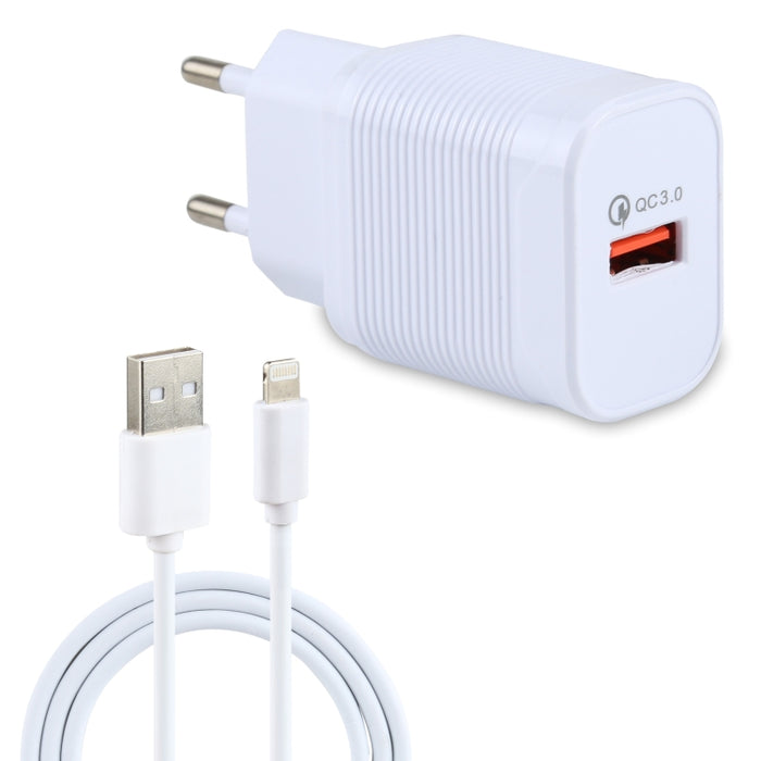 LZ-728 2 en 1 Cargador de viaje con interfaz USB QC 3.0 de 18 W + juego de cables de datos USB a 8 pines, enchufe de la UE, longitud del cable: 1 m