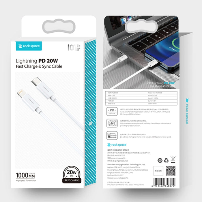 ROCK Space Z19 PD 20W 3A USB-C / Type-C a cable de datos TPE de carga rápida de 8 pines, longitud del cable: 1 m
