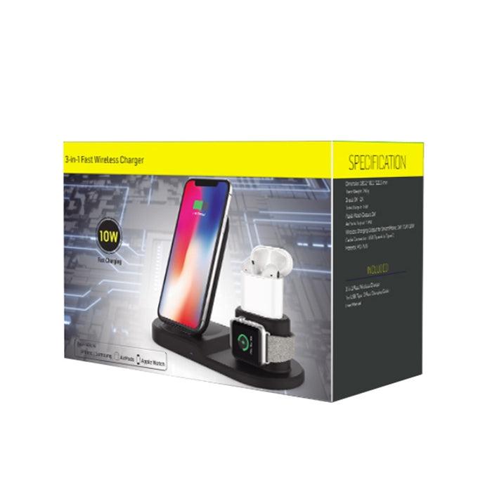 OJD-45 3 en 1 QI 10W Teléfono móvil + Reloj + Puerto de carga para auriculares de 8 pines Cargador inalámbrico multifunción para teléfonos móviles, relojes y AirPods 2