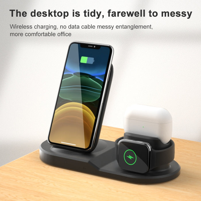 OJD-45 3 en 1 QI 10W Teléfono móvil + Reloj + Puerto de carga para auriculares de 8 pines Cargador inalámbrico multifunción para teléfonos móviles, relojes y AirPods 2