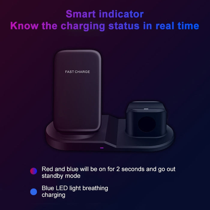 OJD-45 3 en 1 QI 10W Teléfono móvil + Reloj + Puerto de carga para auriculares de 8 pines Cargador inalámbrico multifunción para teléfonos móviles, relojes y AirPods 2