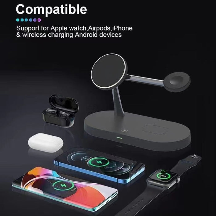 T268 5 en 1 Cargador inalámbrico magnético multifunción de 15 W para iPhone 12 Series y Apple Watchs y AirPods 1/2 / Pro, con luz LED
