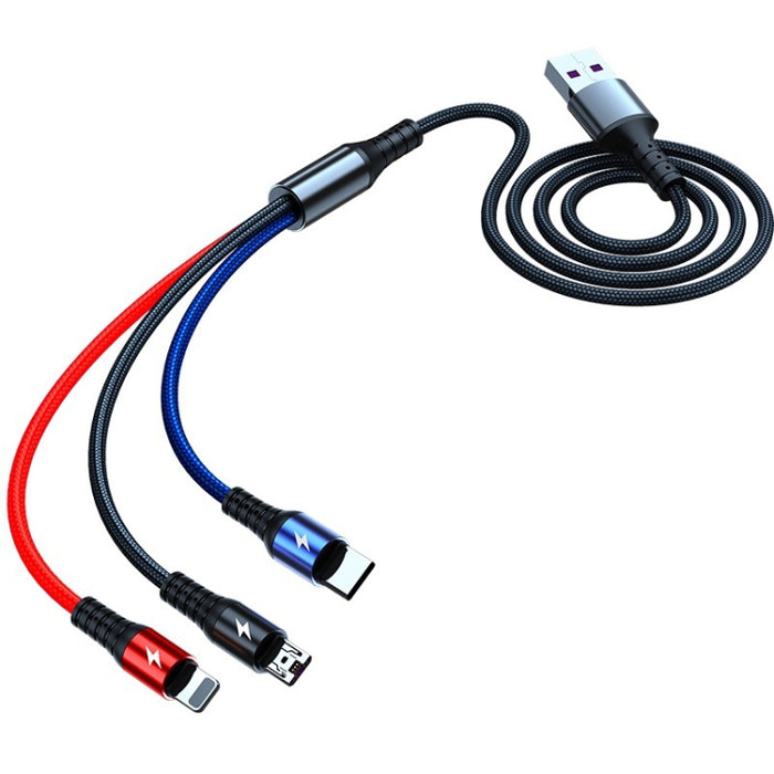 K061 1,2 m 5A 3 en 1 USB a 8 pines + USB-C / Type-C + Micro USB Cable de datos de carga rápida redondo