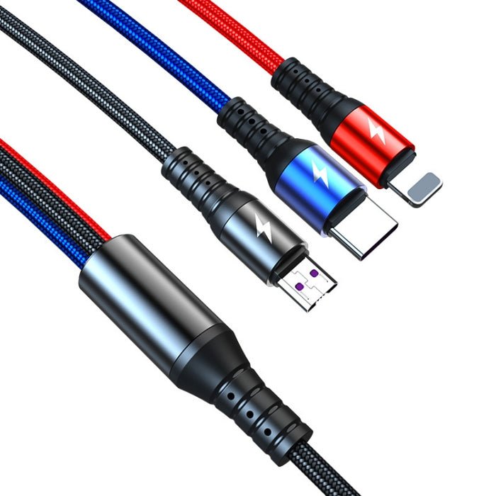 K061 1,2 m 5A 3 en 1 USB a 8 pines + USB-C / Type-C + Micro USB Cable de datos de carga rápida redondo