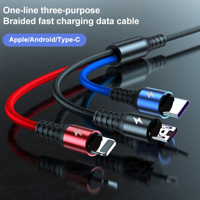 K061 1,2 m 5A 3 en 1 USB a 8 pines + USB-C / Type-C + Micro USB Cable de datos de carga rápida redondo