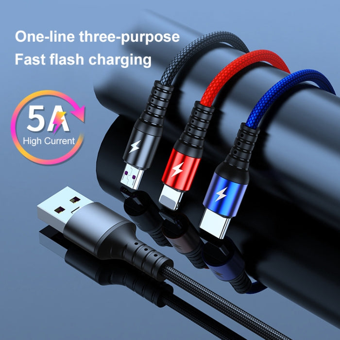 K061 1,2 m 5A 3 en 1 USB a 8 pines + USB-C / Type-C + Micro USB Cable de datos de carga rápida redondo