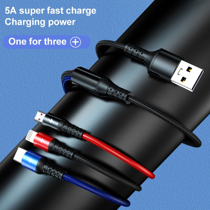 K061 1,2 m 5A 3 en 1 USB a 8 pines + USB-C / Type-C + Micro USB Cable de datos de carga rápida redondo