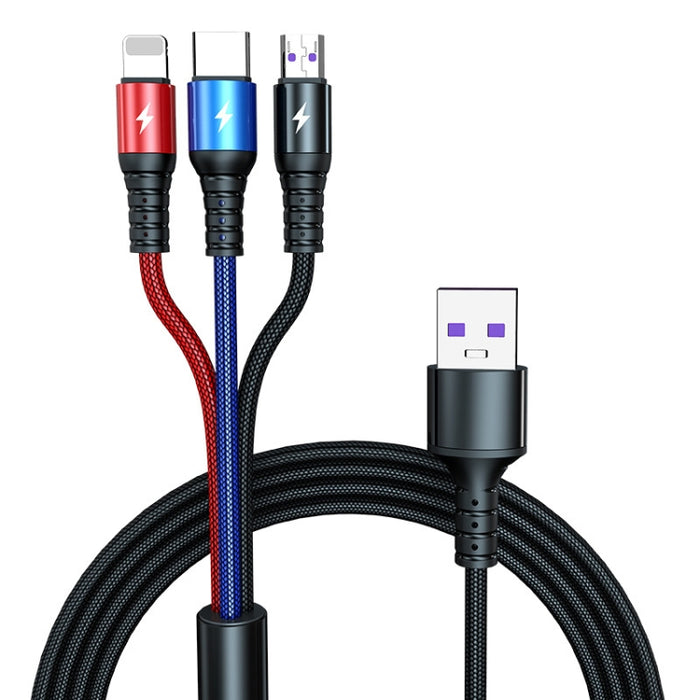 K061 1,2 m 5A 3 en 1 USB a 8 pines + USB-C / Type-C + Micro USB Cable de datos de carga rápida redondo