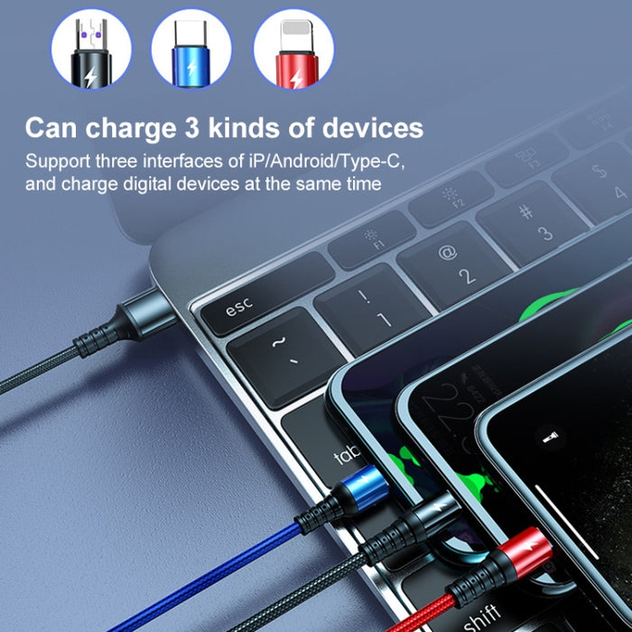 K061 1,2 m 5A 3 en 1 USB a 8 pines + USB-C / Type-C + Micro USB Cable de datos de carga rápida redondo