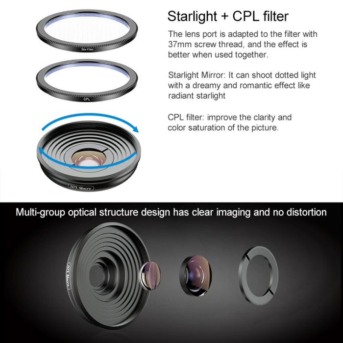APEXEL APL-HB10X Clip para teleobjetivo con lente macro + Filtro de luz de estrella + Kit de lentes para teléfono CPL