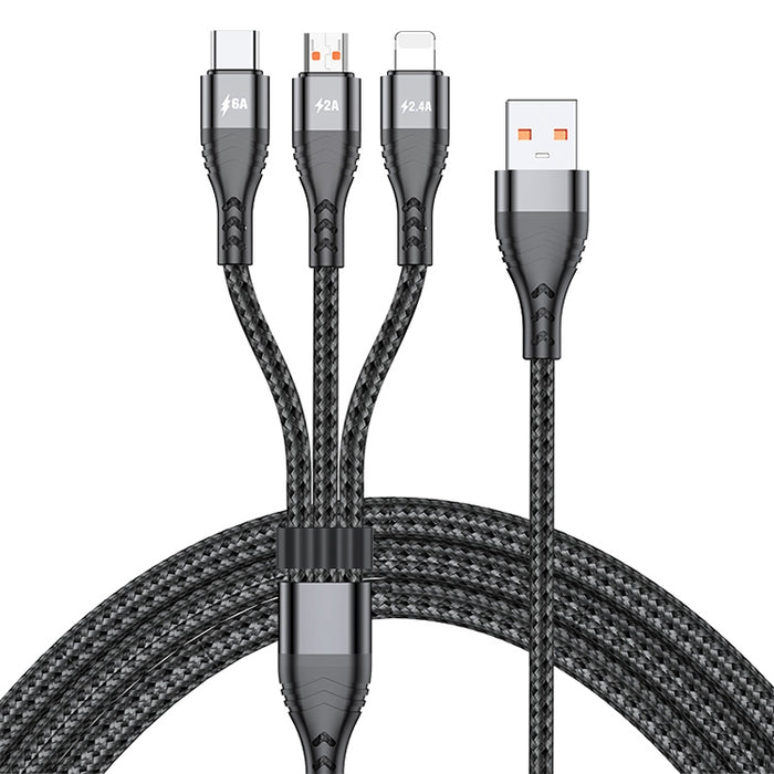 ADC-138 66W 3 en 1 USB a 8 pines + Micro USB + USB-C / Type-C Cable de datos trenzado de carga rápida, Longitud del cable: 1,2 m