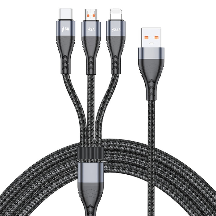 ADC-138 66W 3 en 1 USB a 8 pines + Micro USB + USB-C / Type-C Cable de datos trenzado de carga rápida, Longitud del cable: 1,2 m