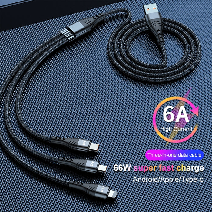 ADC-138 66W 3 en 1 USB a 8 pines + Micro USB + USB-C / Type-C Cable de datos trenzado de carga rápida, Longitud del cable: 1,2 m