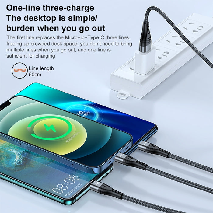 ADC-138 66W 3 en 1 USB a 8 pines + Micro USB + USB-C / Type-C Cable de datos trenzado de carga rápida, Longitud del cable: 1,2 m