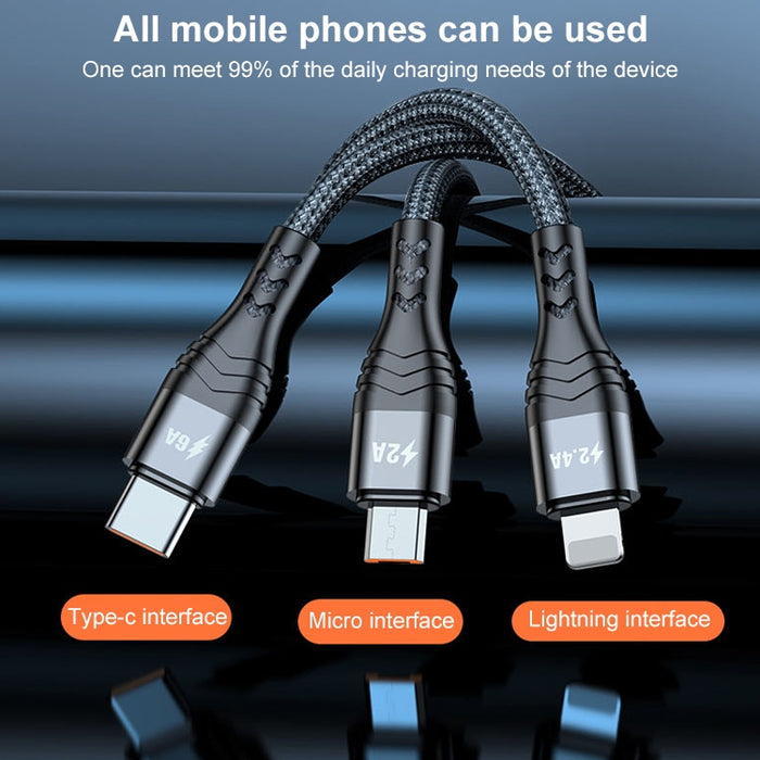 ADC-138 66W 3 en 1 USB a 8 pines + Micro USB + USB-C / Type-C Cable de datos trenzado de carga rápida, Longitud del cable: 1,2 m