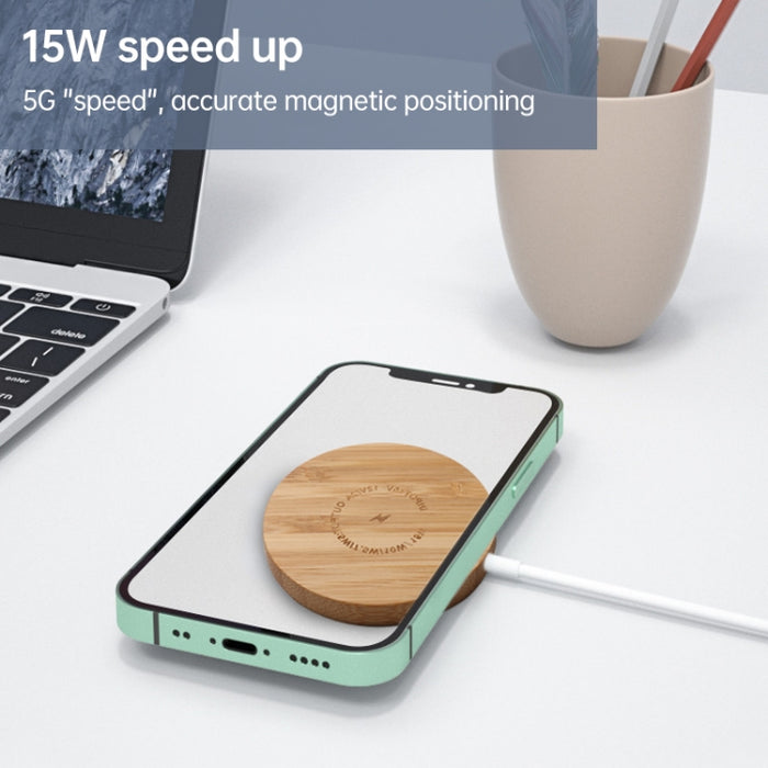 Cargador inalámbrico magnético de madera de bambú redondo Magsafe JYD01 15W
