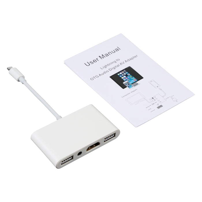 Adaptador AV digital de audio 4 en 1 de 8 pines a USB dual + AUX de 3,5 mm + HDMI OTG
