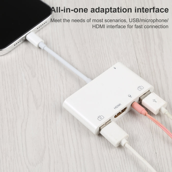 Adaptador AV digital de audio 4 en 1 de 8 pines a USB dual + AUX de 3,5 mm + HDMI OTG