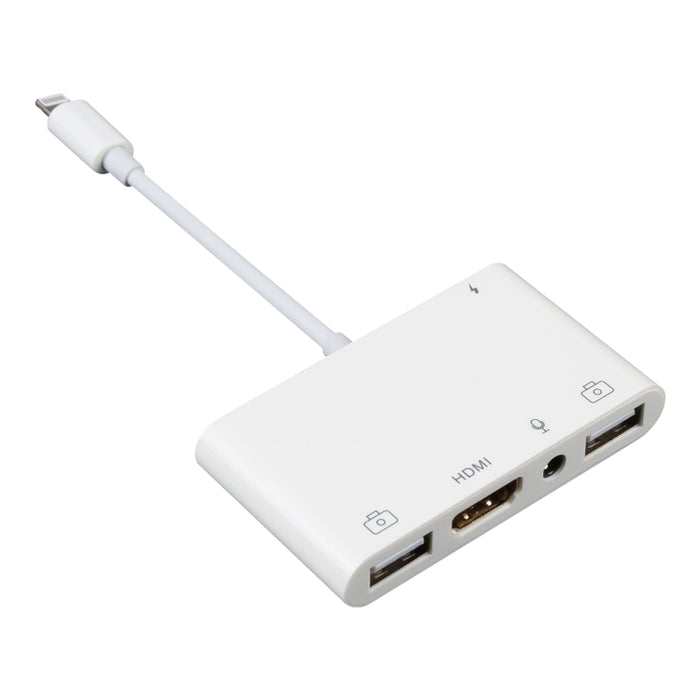 Adaptador AV digital de audio 4 en 1 de 8 pines a USB dual + AUX de 3,5 mm + HDMI OTG