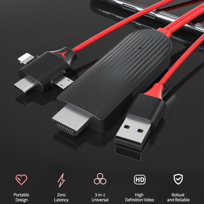 MiraScreen L7-8 3 en 1 8 pines + Micro USB + Cable convertidor de video USB-C / Type-C a HDMI, Longitud del cable: 2 m