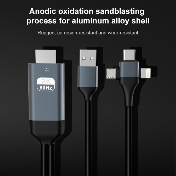 P8J Aluminio 3 en 1 Cable de 8 pines + Micro USB + USB-C / Tipo-C a HDTV, Longitud del cable: 2 m