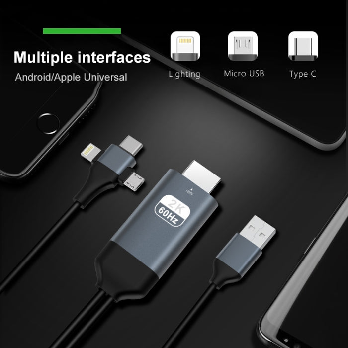 P8J Aluminio 3 en 1 Cable de 8 pines + Micro USB + USB-C / Tipo-C a HDTV, Longitud del cable: 2 m